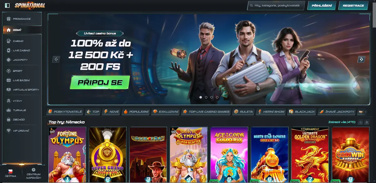 Úvodní stránka Spinational Casino s uvítacím bonusem a herním katalogem